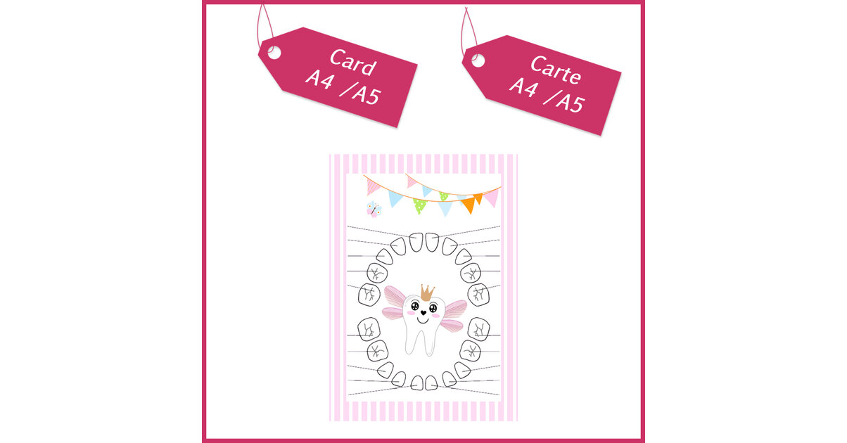 Carte Quenottes bébé A4 et A5 rose - Baby teeth card A4 and A5 pink